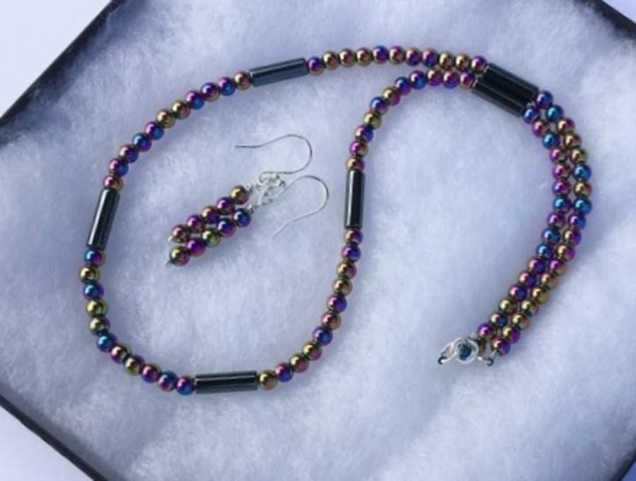 Sterling Silver and Rainbow Haematite Necklace and Earrings Set 