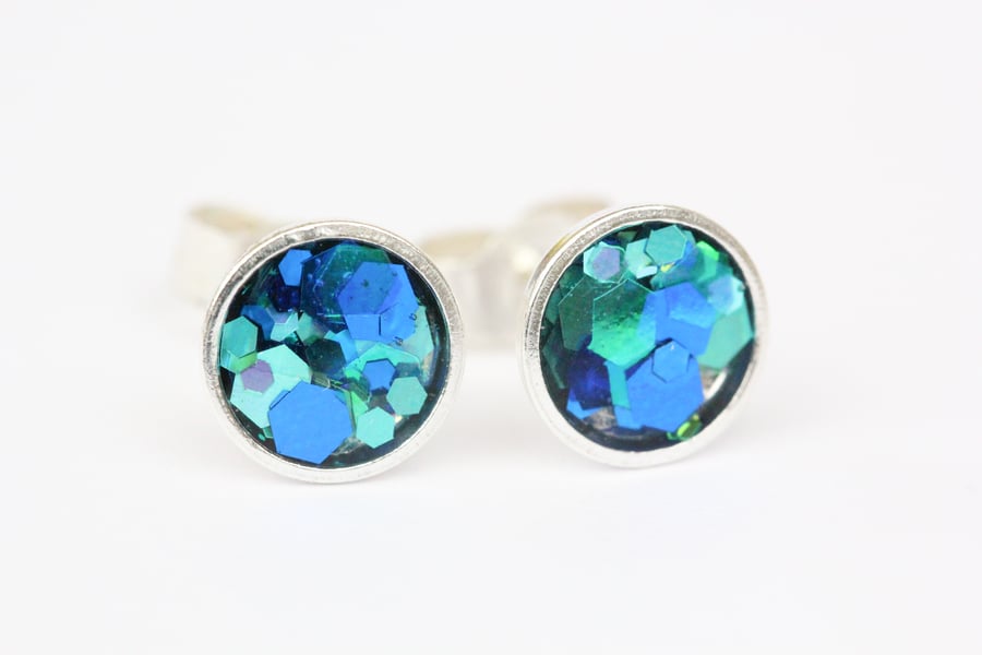 Blue sparkle glitter sterling silver stud earrings