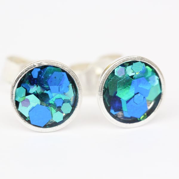 Blue sparkle glitter sterling silver stud earrings