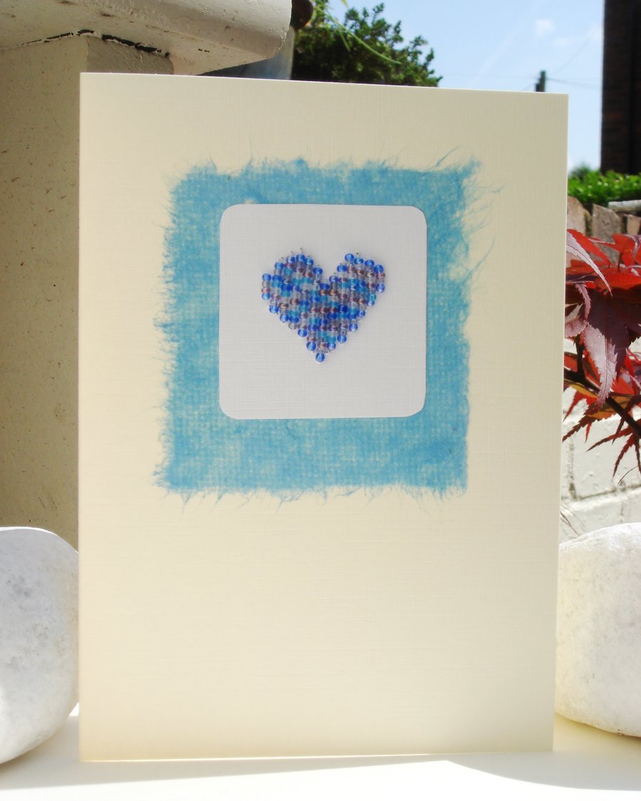 Beaded Heart handmade Card - turquoise