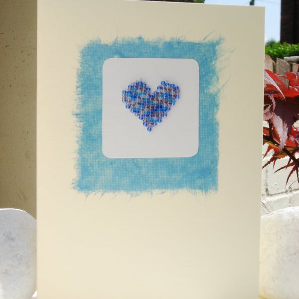 Beaded Heart handmade Card - turquoise
