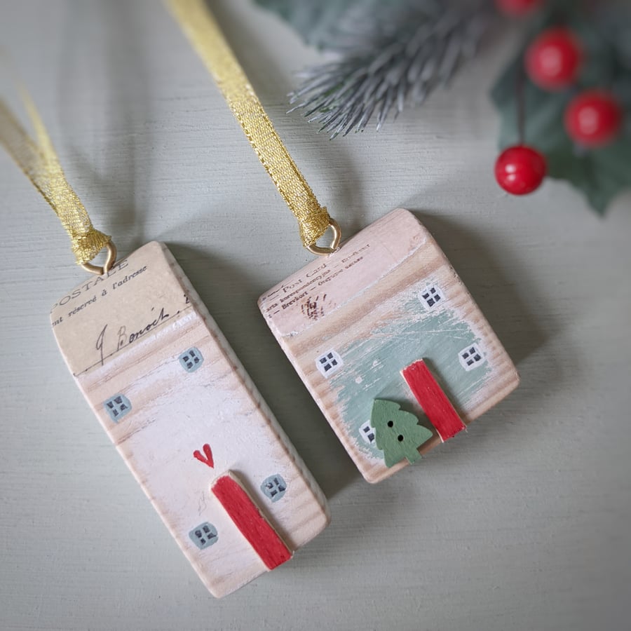 Set of 2 Painted Christmas House Hanging Decorations