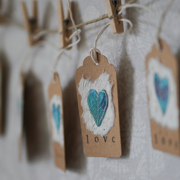 Set of Five Embroidered Blue Love Heart Gift Tags 
