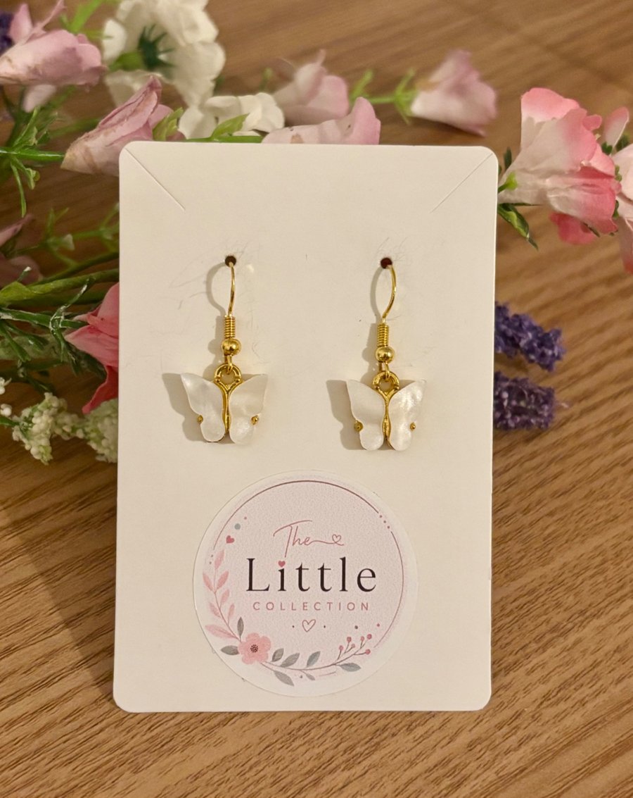 White Butterfly Dangle Earrings, Acrylic Butterfly Charms, Handmade Jewellery 
