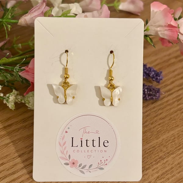 White Butterfly Dangle Earrings, Acrylic Butterfly Charms, Handmade Jewellery 