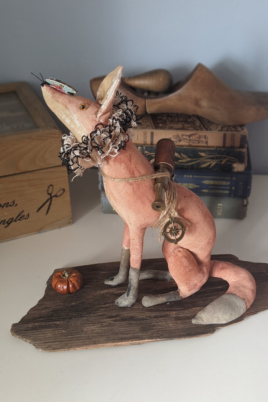 handmade star gazer fox soft sculpture