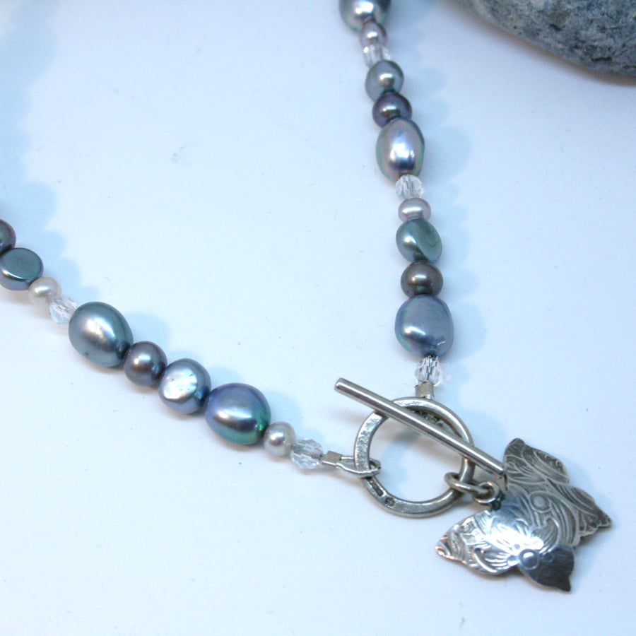 Turquoise and grey pearl T-bar necklace with butterfly pendant