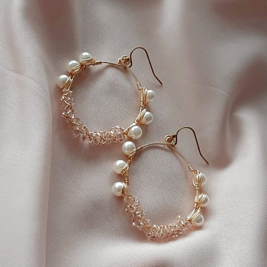 Pink White Beaded Oval Earrings Wire Wrapped Boho Drop Dangle Handmade For Her