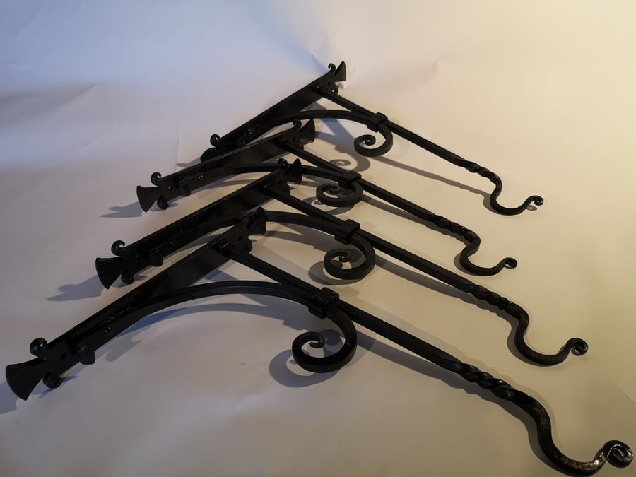 Set of Four Hand Forged Wrought Iron Hanging Basket Brackets