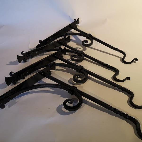 Set of Four Hand Forged Wrought Iron Hanging Basket Brackets