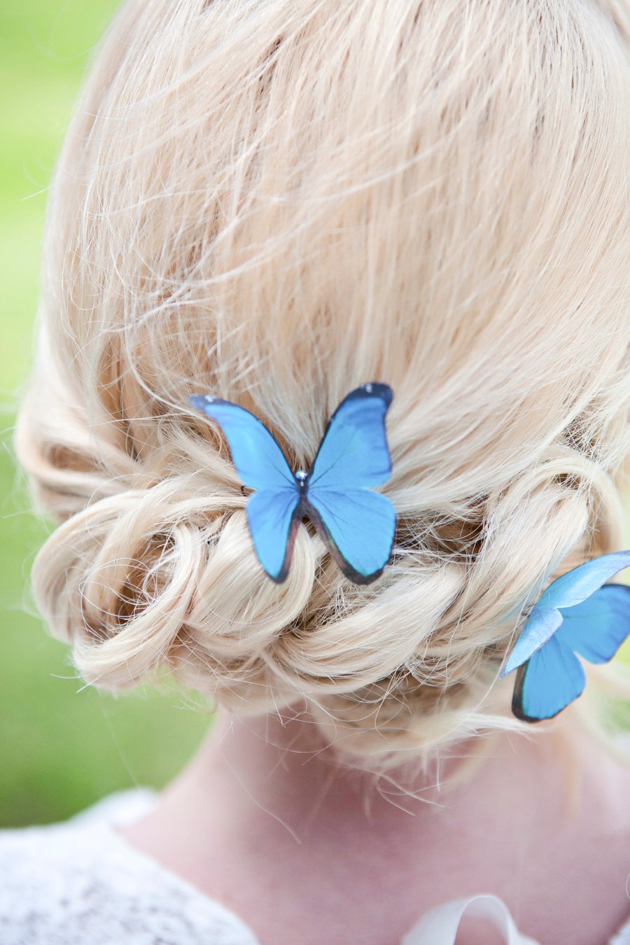 Single blue morphs silk butterfly hair pin with Swarovski crystal.