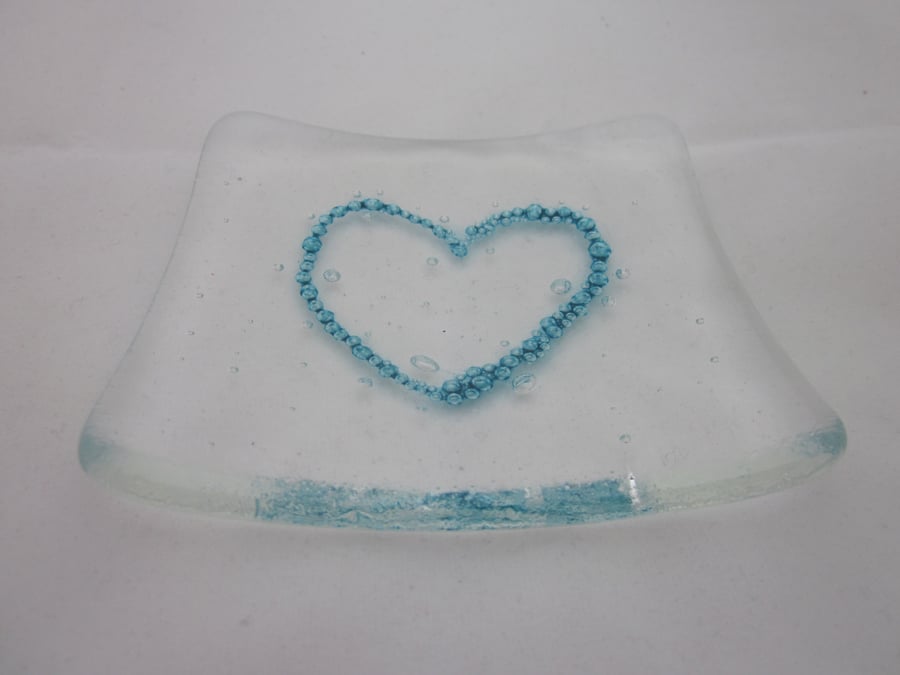 Handmade  fused glass trinket bowl or soap dish - blue bubble heart