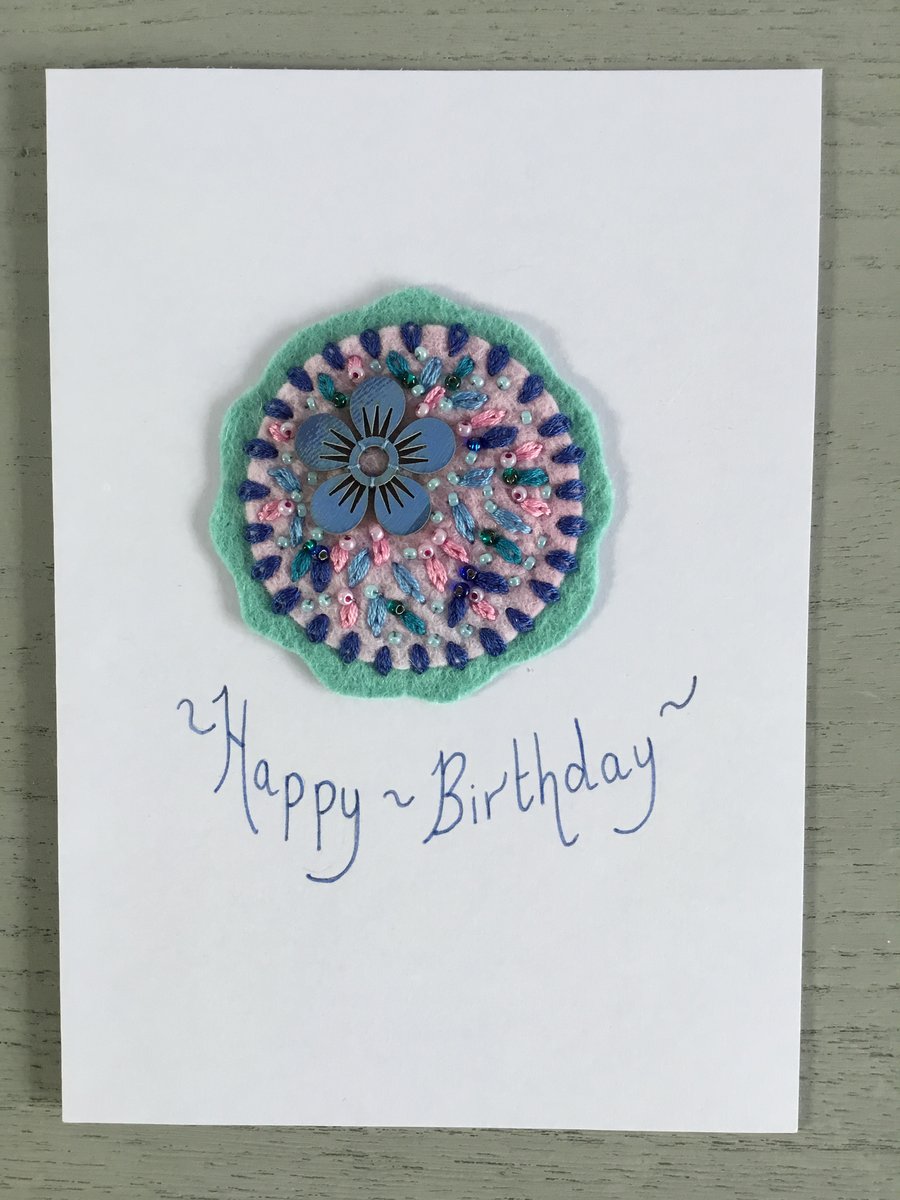 Embroidered Blue Flower Birthday Card