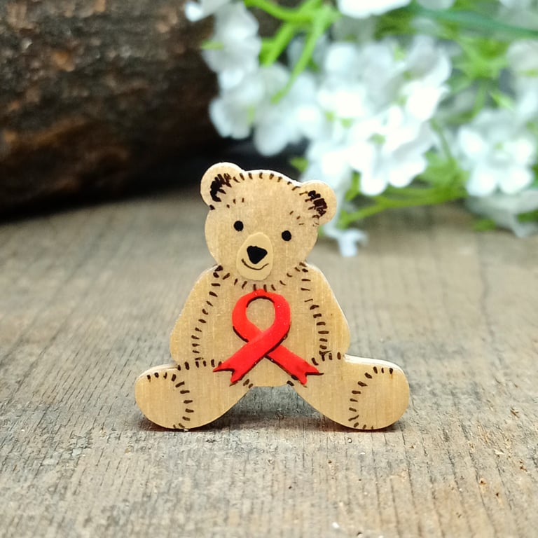 Heart Disease Awareness Teddy Bear Pin, Handmade Red Ribbon Brooch, Personalised