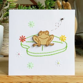 Hand Sewn Frog Card. Frog Card. Frogs. Hand Stitched Card. Embroidered Card.