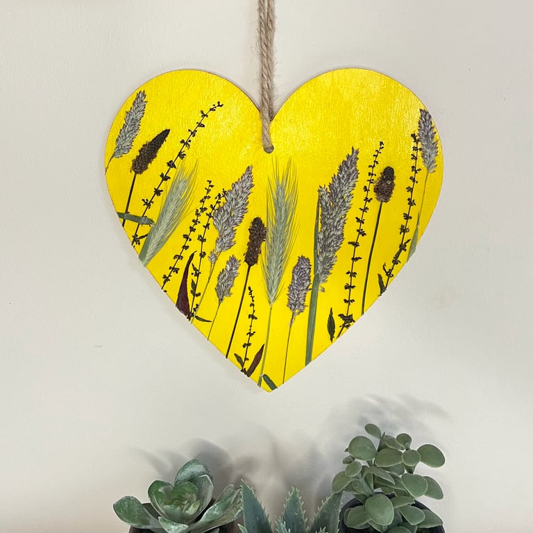 Pressed Flower Hand Painted Wooden Heart Wild Grasses Botanical Art