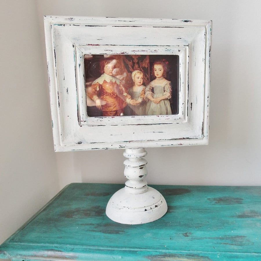 Hand Painted Picture Frame On Stand Wooden Rustic Distressed Chippy Shabby Style