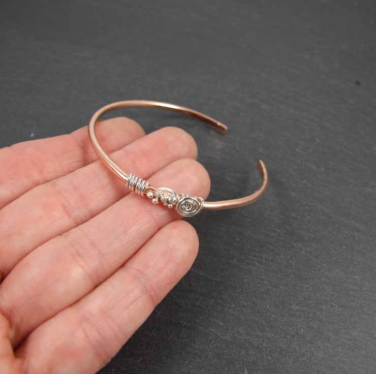Copper Bangle with Sterling Silver Wire Wrappin... Folksy