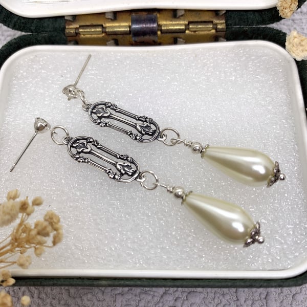 Vintage Style Pearl Teardrop Silver Drop Earrings