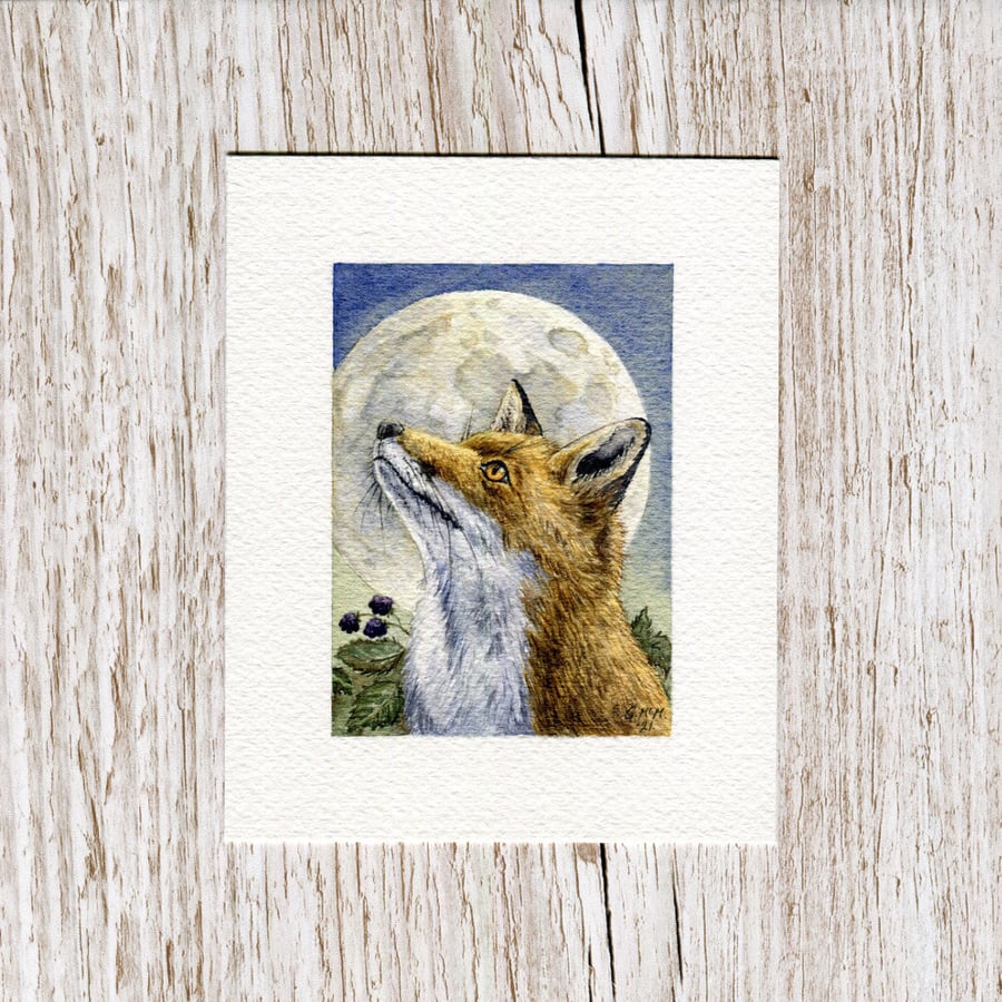 Original Watercolour Miniature painting - Moongazing Fox