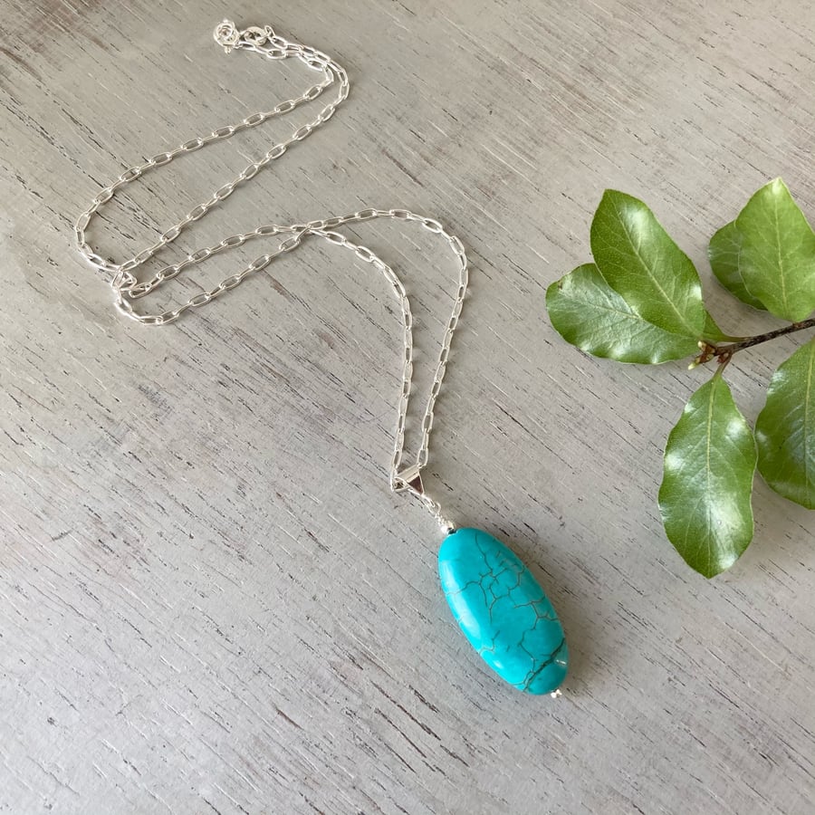 Turquoise Oval Pendant Necklace, sterling silver