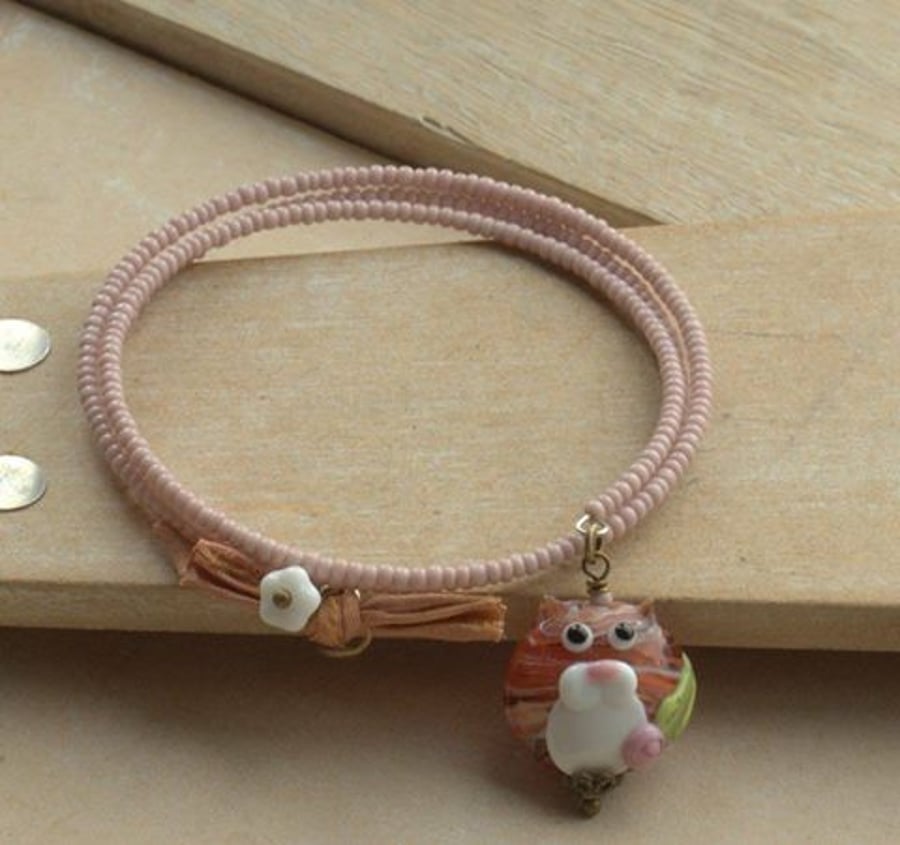 Pink Lampwork Cat Memory Wire Bracelet