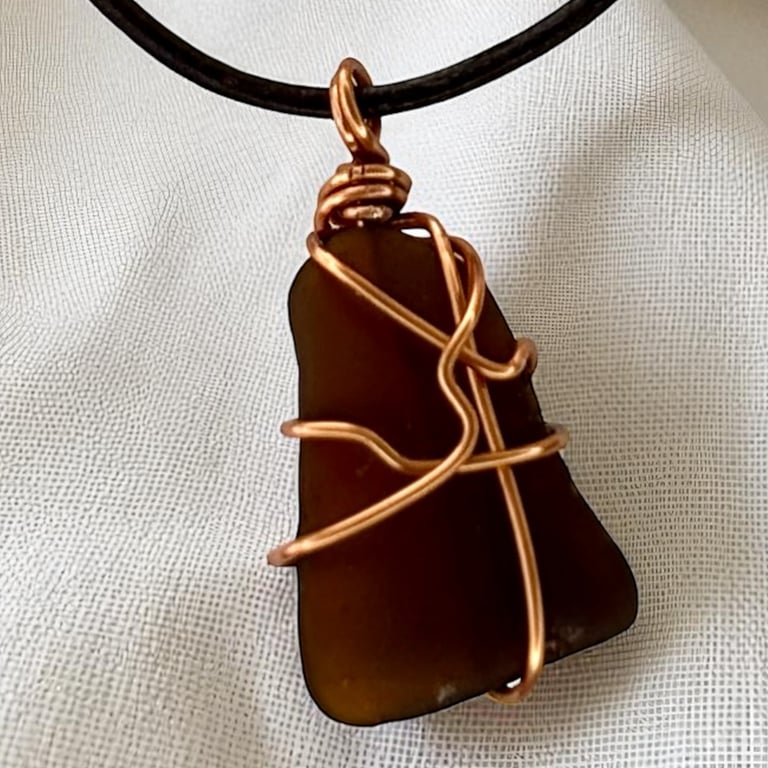 Brown Bottle Sea glass Wire Wrapped Pendant Necklace