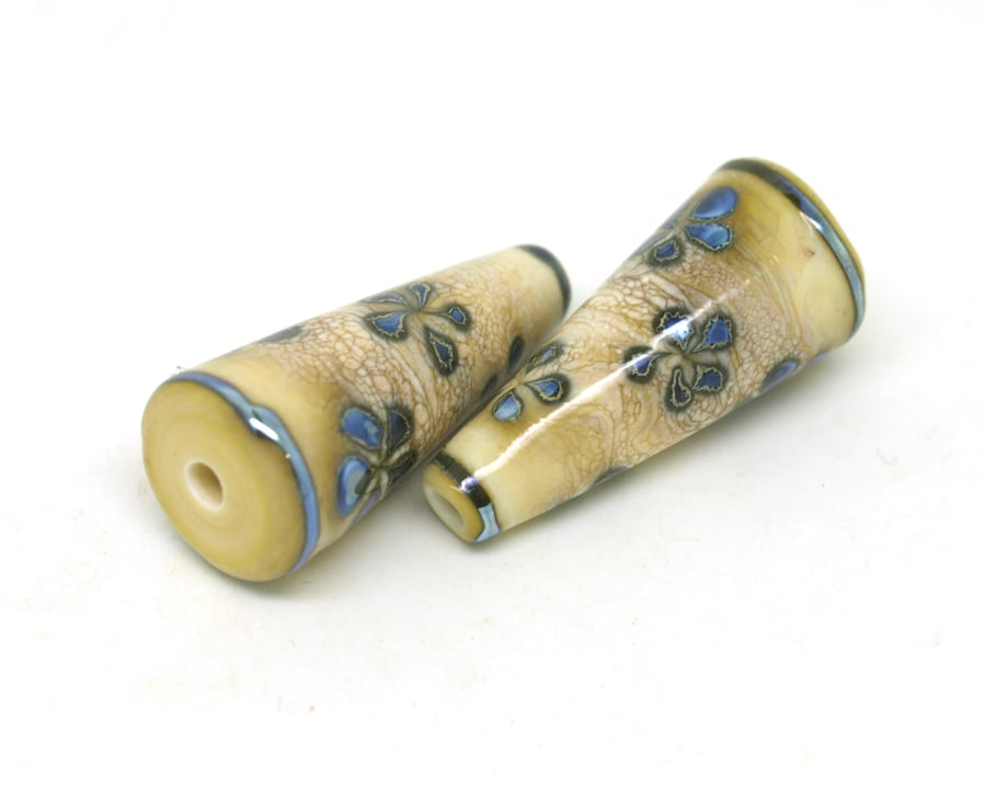 Ivory & Blue Flower Lampwork Cone Beads