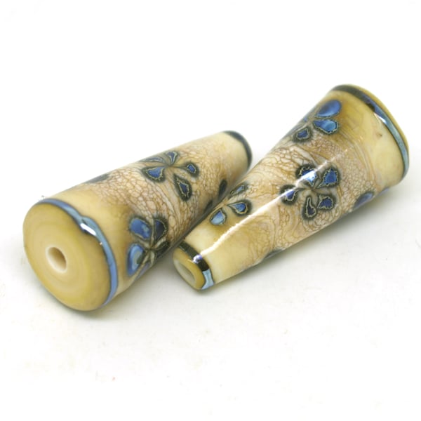 Ivory & Blue Flower Lampwork Cone Beads