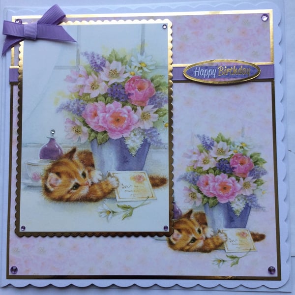 Birthday Card Happy Birthday Cute Cat Kitten with Flowers 3D Luxury Handmade Car