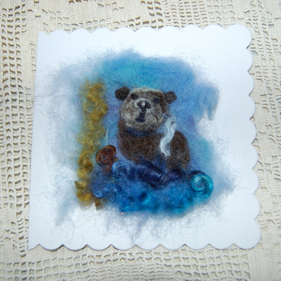 Otter Needle felt Birthday card, Otter eating a fish, Needlefelt wool card