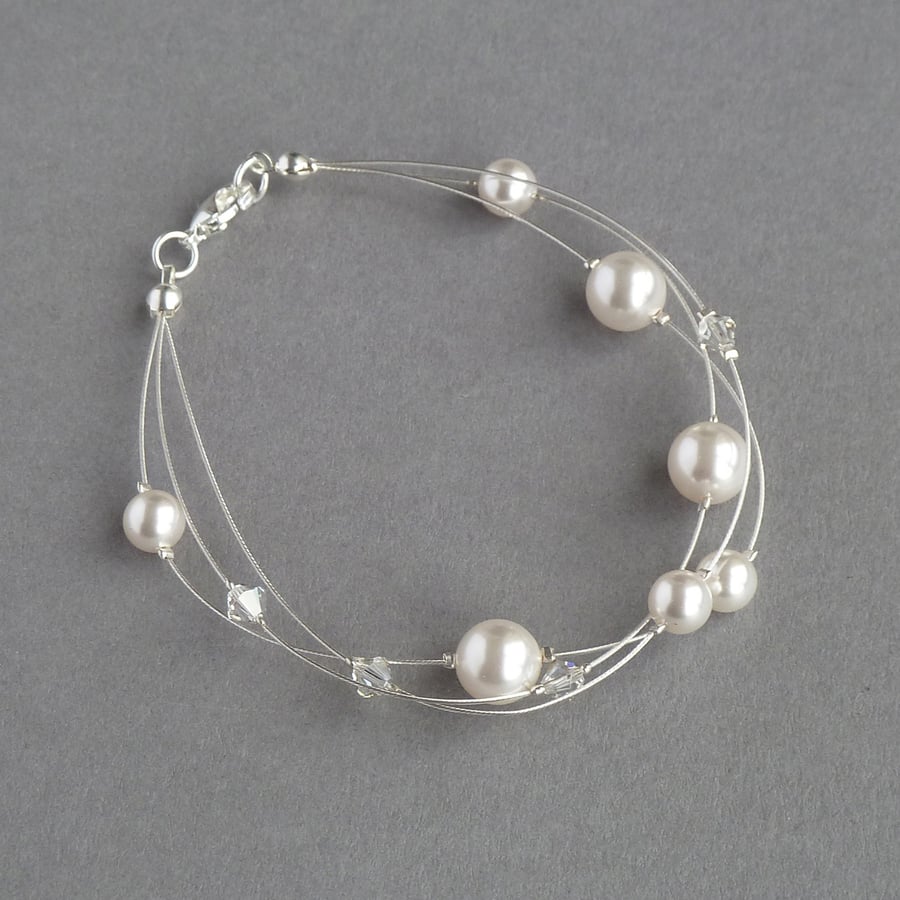 White Floating Pearl Bracelet - Swarovski Multi-strand Bridal Jewellery - Gifts