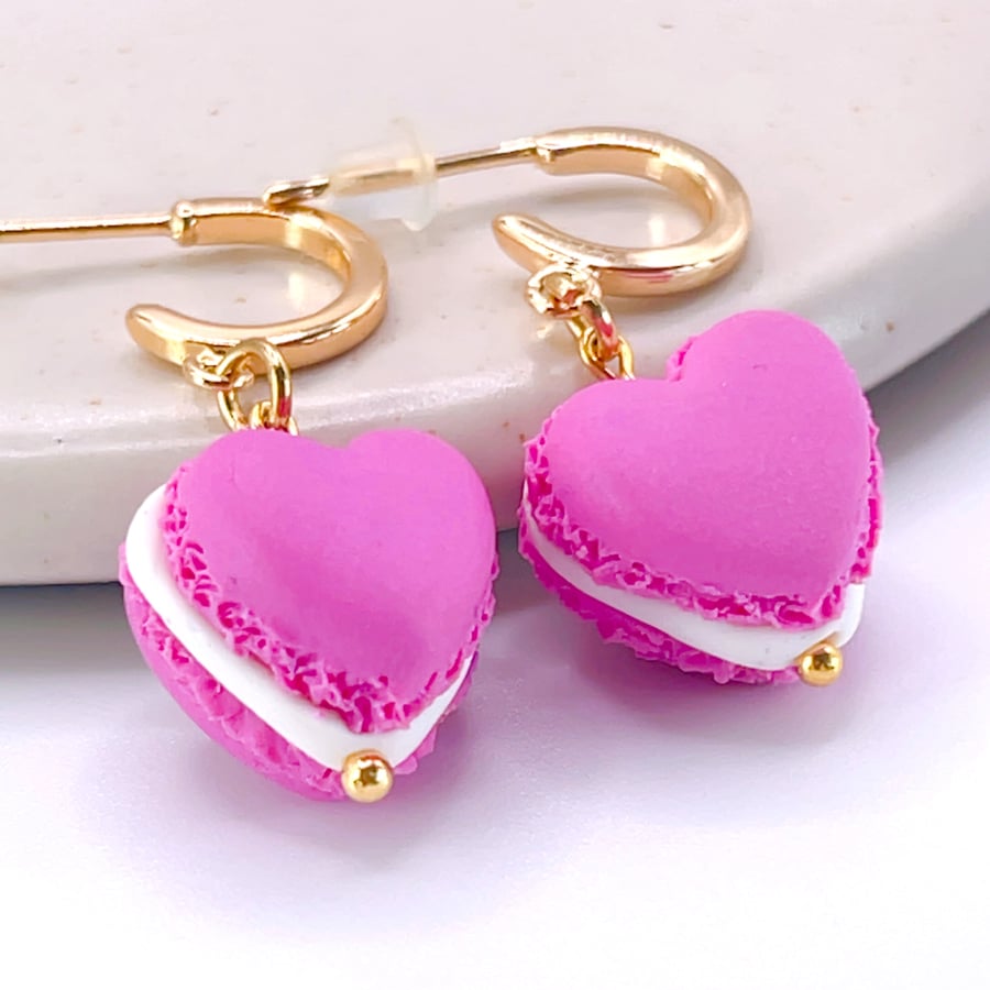 Pink Heart Macaron Earrings - Handmade Clay Food Jewelry - Free UK Delivery