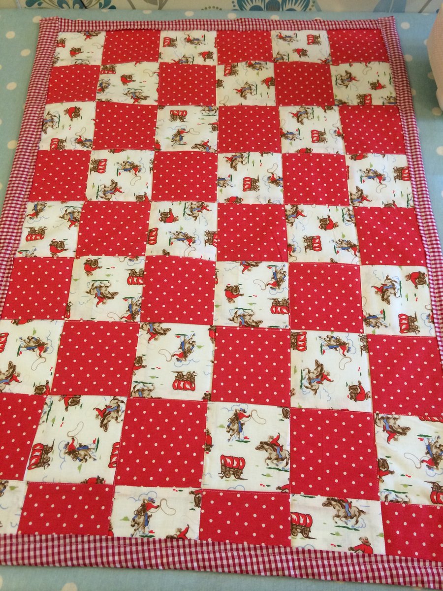 Patchwork childs quilt,blanket in cath kidston cowboy fabric and fleece