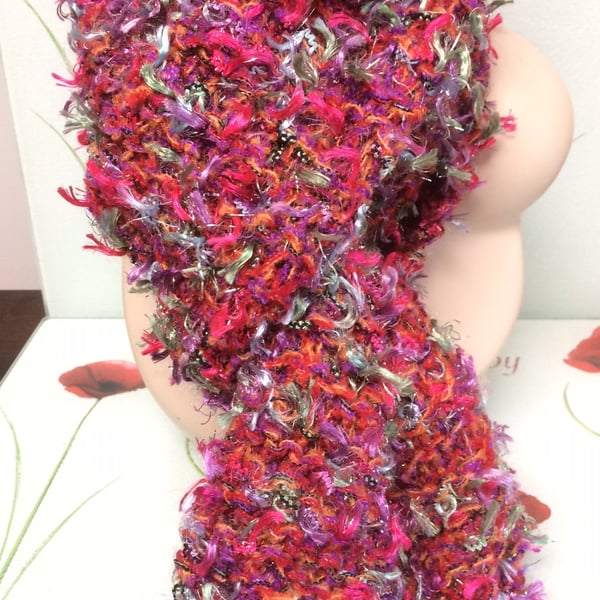 Hand Knitted Multi-Colour Pinks Oranges Fashion Scarf by Poppy Kay Designs