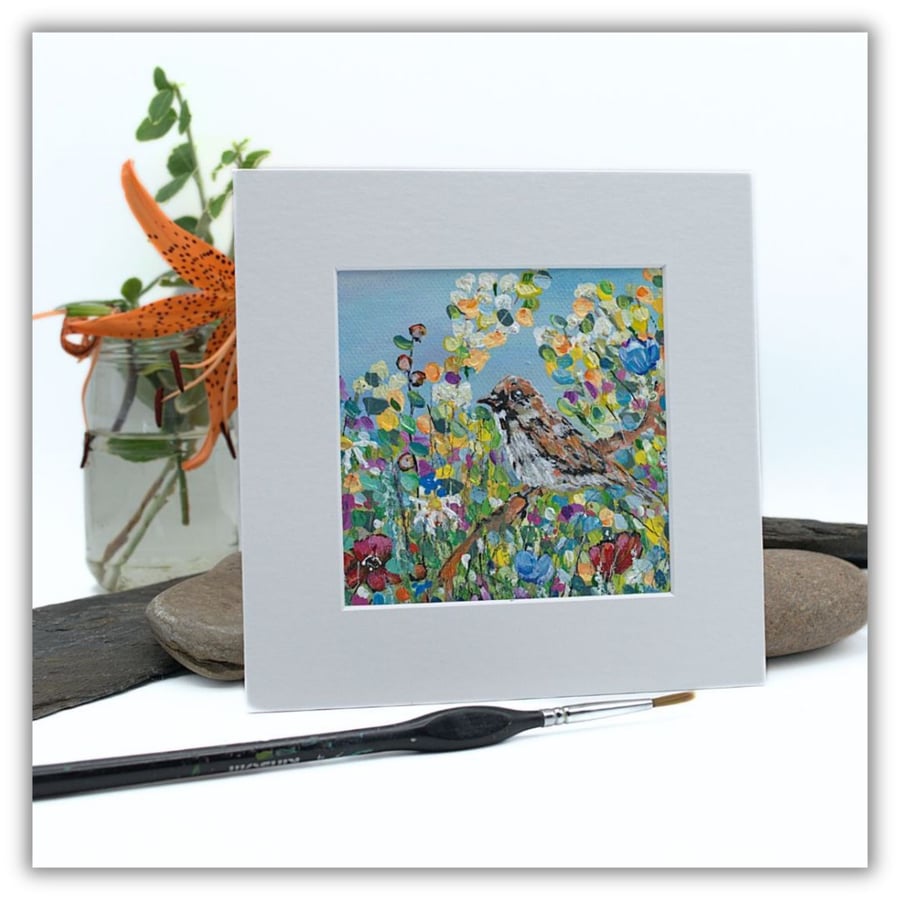 A small mounted painting - sparrow and garden flowers - acrylic painting