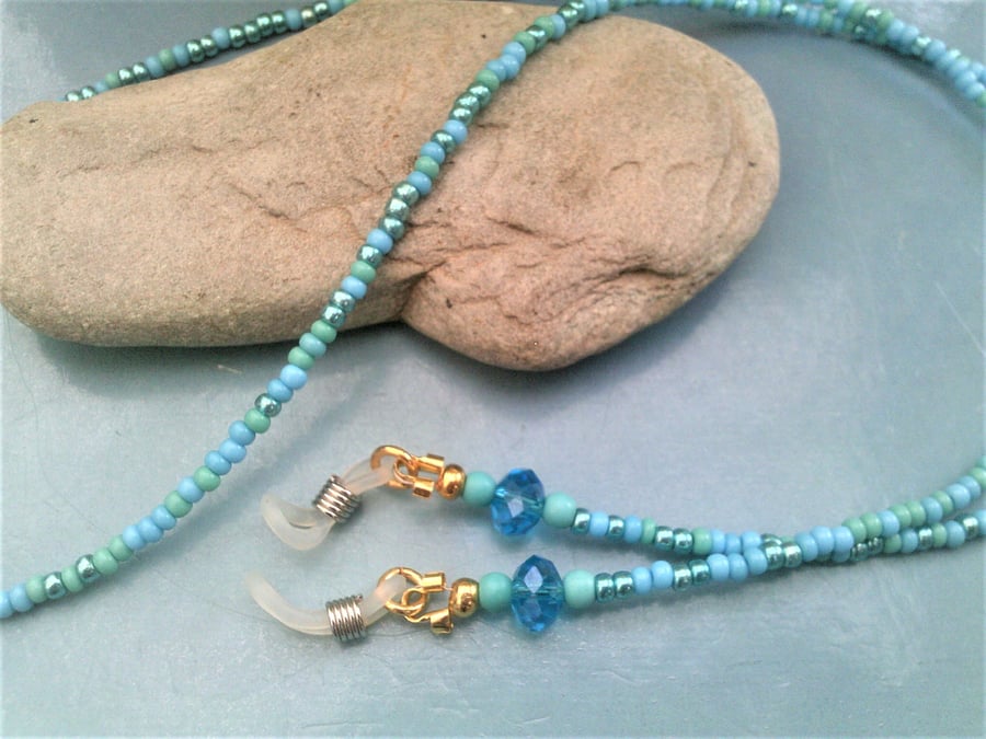 Blue Beaded Eye Glasses Necklace, Turquoise Spectacle Holder