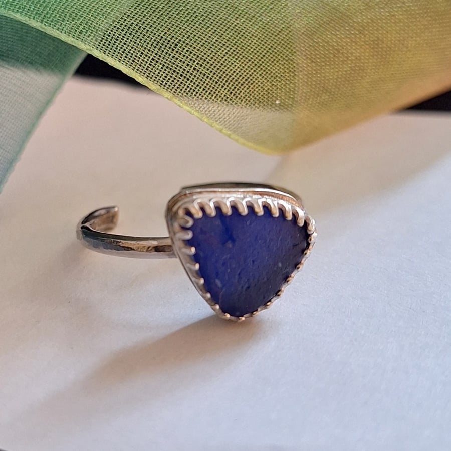 Adjustable Triangle Blue Seaglass Ring