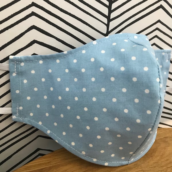 Blue Dots Face Mask 100% Cotton Fabric Washable & Re-usable Child Adult Sizes