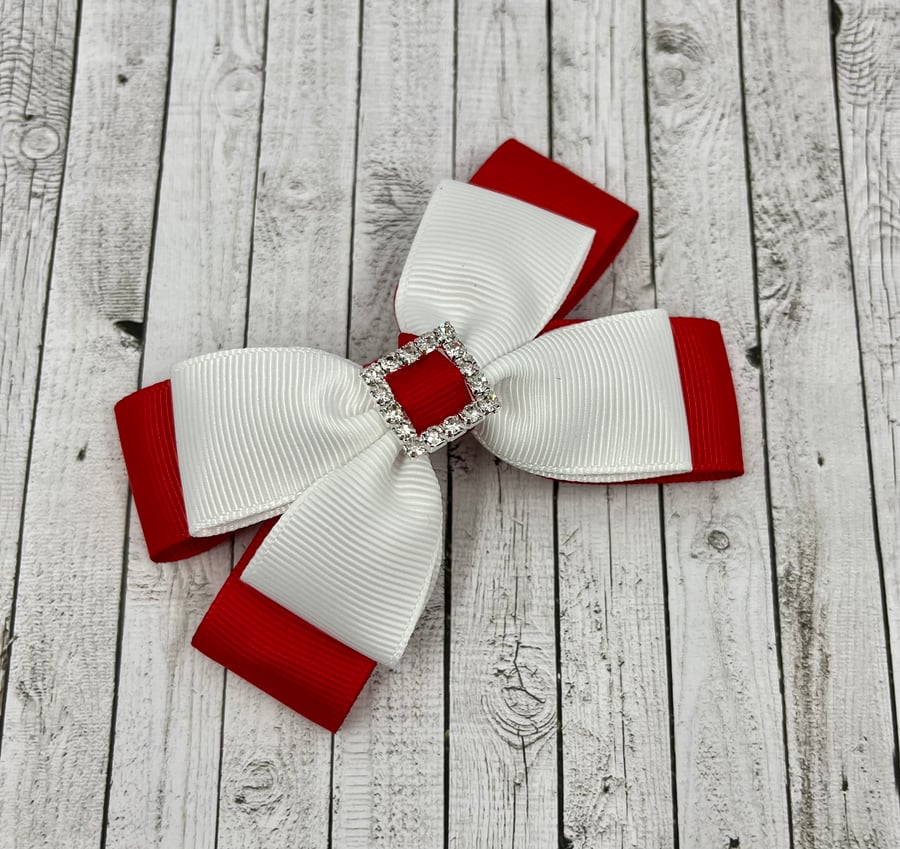 School Red and White Double Layer Bow on Clip