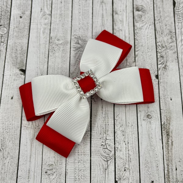 School Red and White Double Layer Bow on Clip