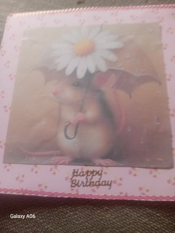 MOUSE IN THE RAIN WITH DAISY UMBRELLA HANDMADE BIRTHDAY CARD