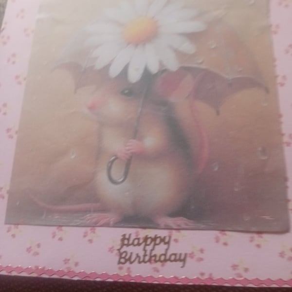 MOUSE IN THE RAIN WITH DAISY UMBRELLA HANDMADE BIRTHDAY CARD