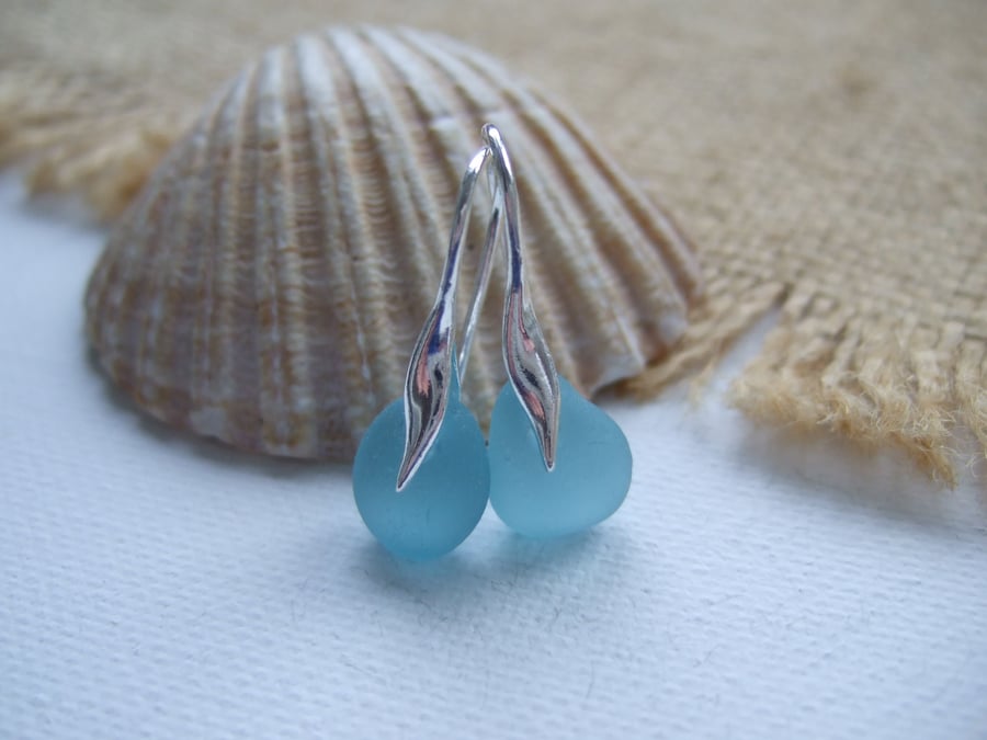 Japanese Sea Glass Earrings, Wave Design Aqua Beach Found Glass, Sterling