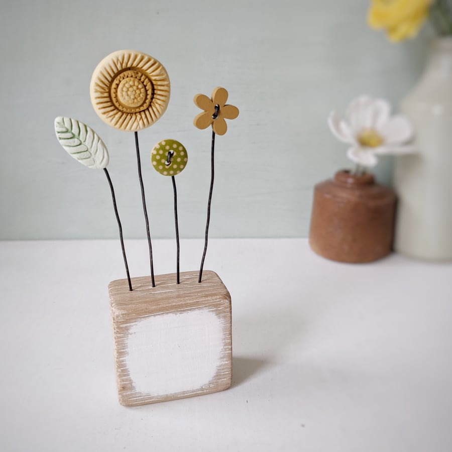 Clay Sunshine Flower in a Wood Block Personalised