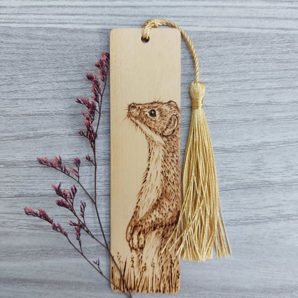 Pyrography Stoat Wood Bookmark. Unique Letterbox Gift for Wildlife Lovers.