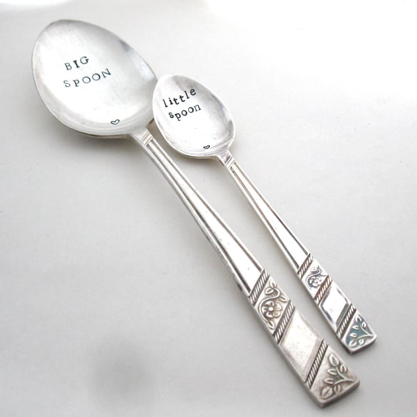 Matching Big and Little Spoons, Handstamped Dessertspoon and Coffeespoon