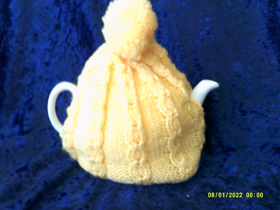 Yellow Mock Cable 2 Cup Tea Pot Knitted Tea Cosy with Pom Pom