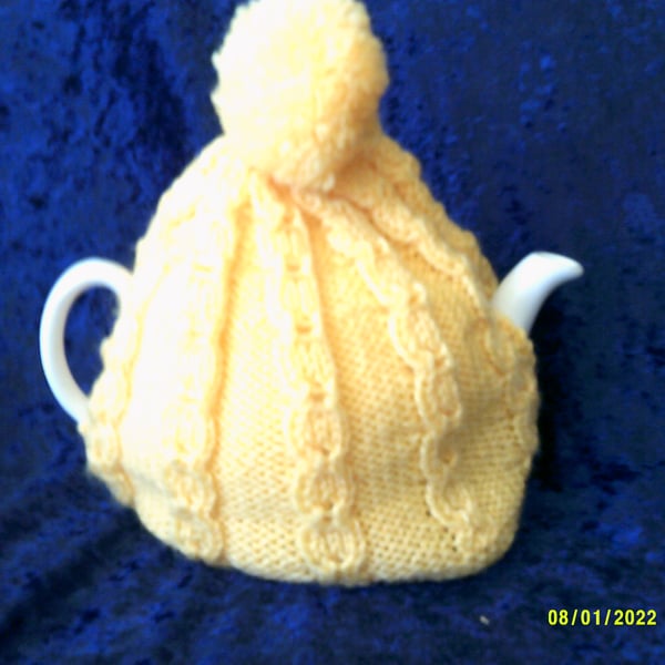 Yellow Mock Cable 2 Cup Tea Pot Knitted Tea Cosy with Pom Pom