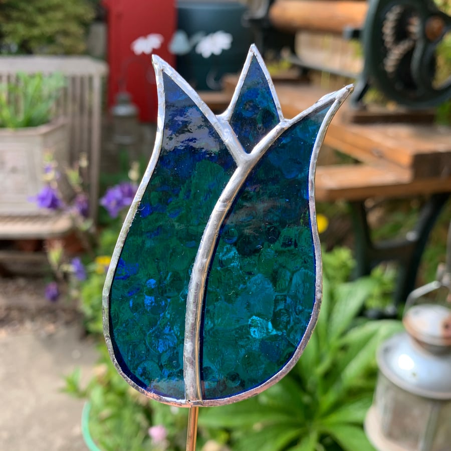Stained  Glass Lily Tulip Stake Large - Plant Pot Decoration -  Blue